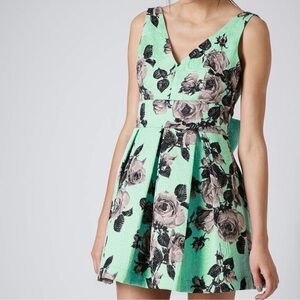 Topshop Mint Green Dark Floral Print Textured Fit and Flare Dress | Size 8.